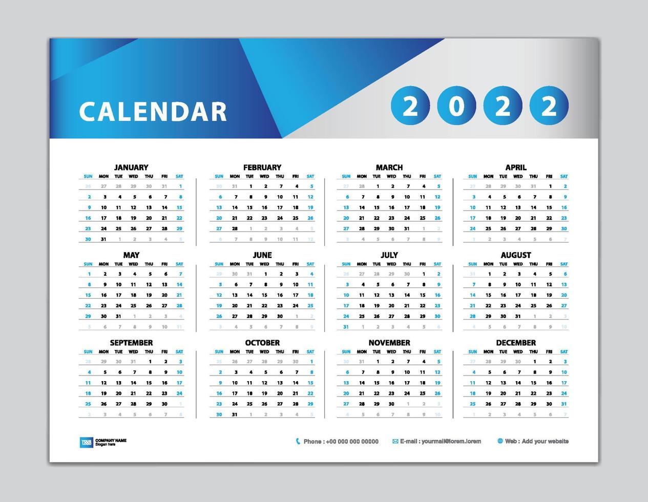 plantilla de calendario 2022, diseño de calendario de escritorio 2022, calendario de pared año 2022, conjunto de 12 meses, semana comienza el domingo, planificador, organizador anual, papelería, inspiración de calendario, vector de fondo azul