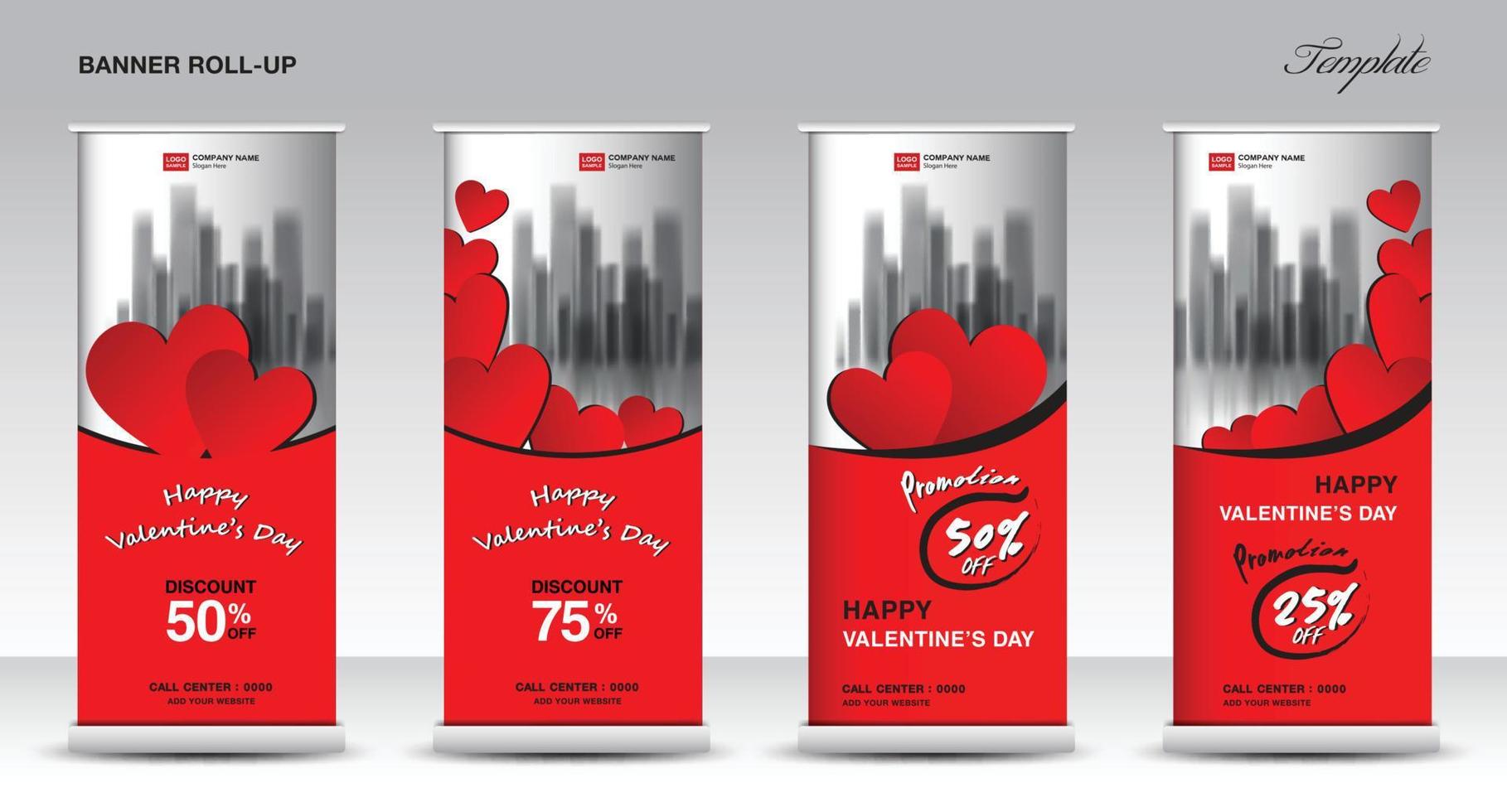 diseño de plantilla de soporte de banner enrollable para el día de San Valentín, plantilla de banner de promoción, x-banner, pull up, eventos festivos, exhibición, j-flag, publicidad, concepto creativo de fondo de corazón rojo, vector. vector