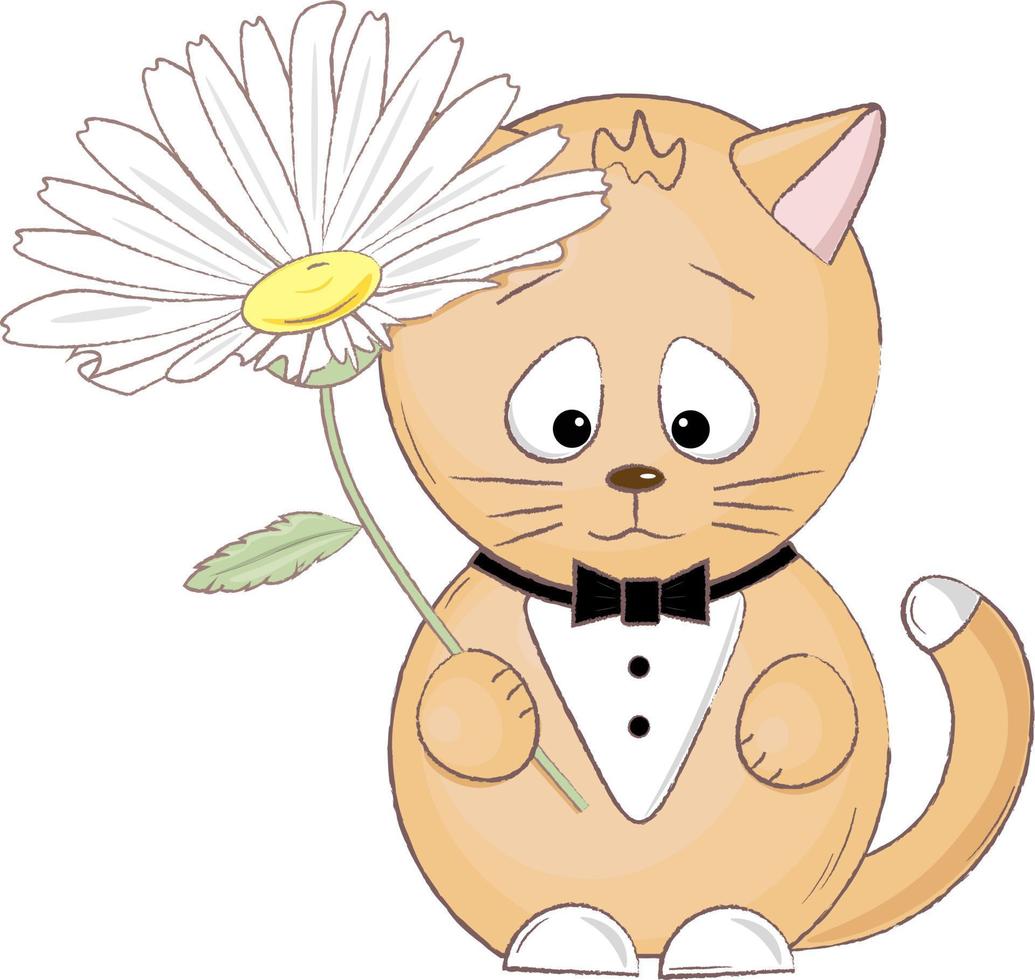 lindo gatito de jengibre en una pajarita con una flor vector