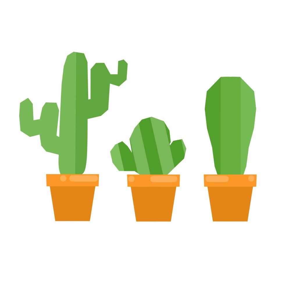 ilustración vectorial de una planta de cactus en una olla. tres tipos de plantas de cactus con estilo de diseño plano. perfecto para pegatinas, portadas de libros, decoración del hogar y fondos de diseño de logotipos o carteles. vector