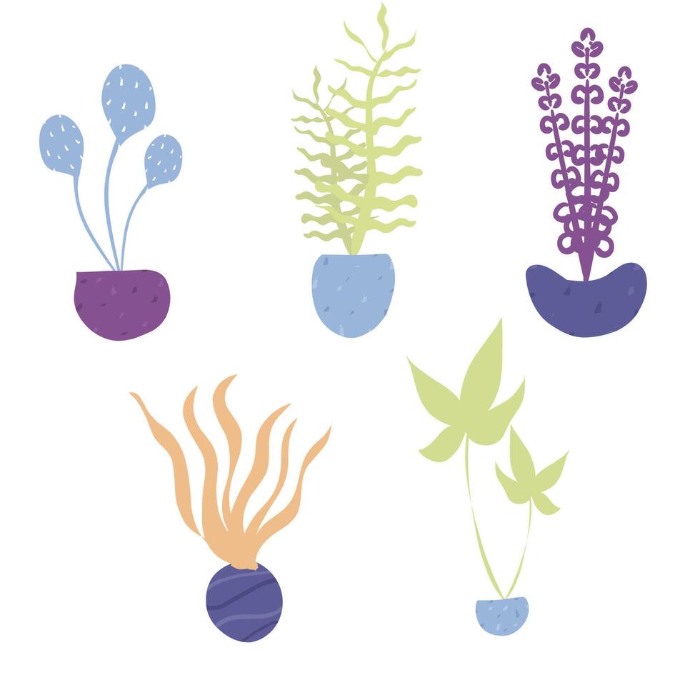 Vector graphic illustration of set of cute ornamental plants in pots. Five Types of Colorful Ornamental Plants Scandinavian Style. Good for stickers, planners, cards, invitations, scrapbooking.