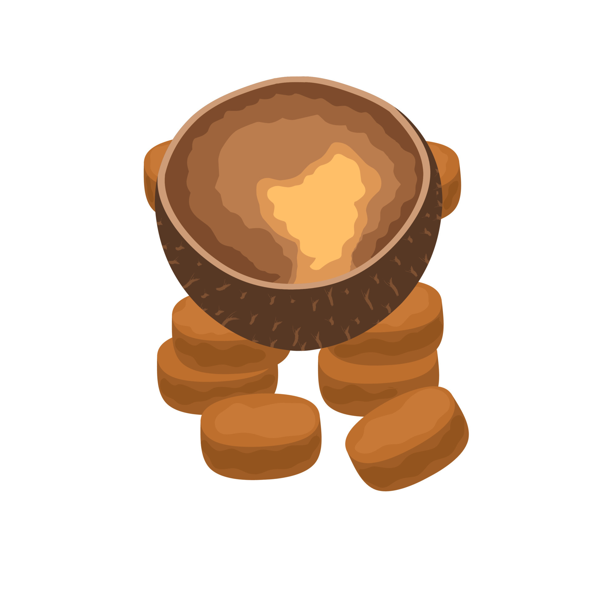 Vector of brown sugar or palm sugar inside a coconut shell. Refined and