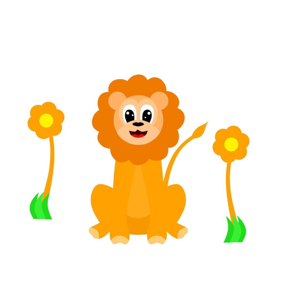 Animal book cover, vector graphic illustration of cute lion with sunflower. Cartoon cute male lion on a white background. suitable for children's book covers and animated materials.