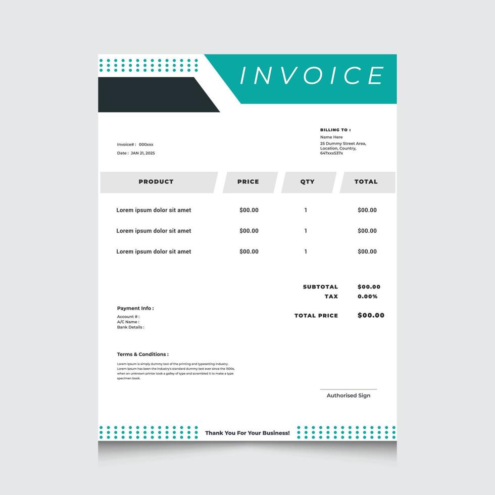 Professional and modern corporate invoice template design. Design for Letterhead, Receipt, Invoice, Order form, Proforma. Vector template