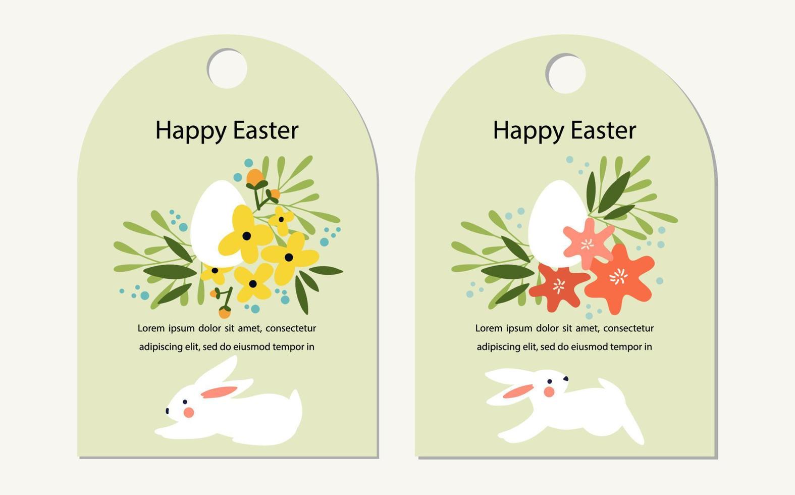 conjunto de diseños de tarjetas de felicitación de Pascua feliz, etiquetas. conejos blancos y silueta de huevo de Pascua con flores de primavera. paquete de diseños vectoriales de vacaciones vectoriales para tipografía. ilustración de estilo plano vector