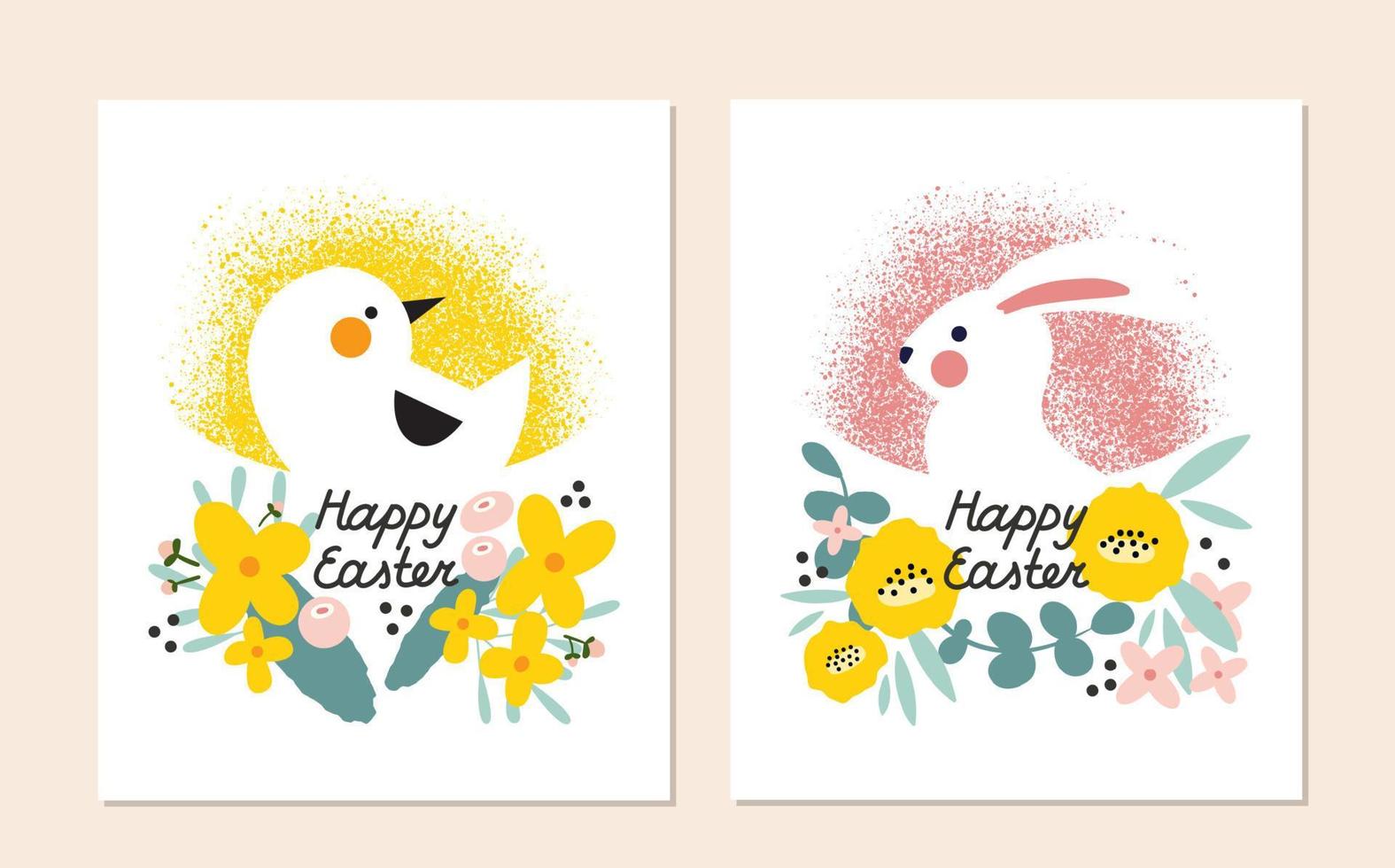 paquete feliz tarjeta de felicitación de Pascua, póster y diseño de portada. conejo blanco y pollo con flores de primavera. paquete de diseños vectoriales de vacaciones vectoriales para tipografía. ilustración de estilo plano vector