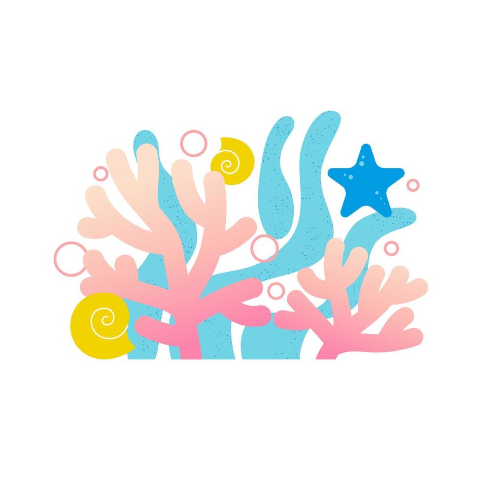 Background of marine elements with shells, algae, starfish and corals. Scene of the natural underwater world. Vector flat design.