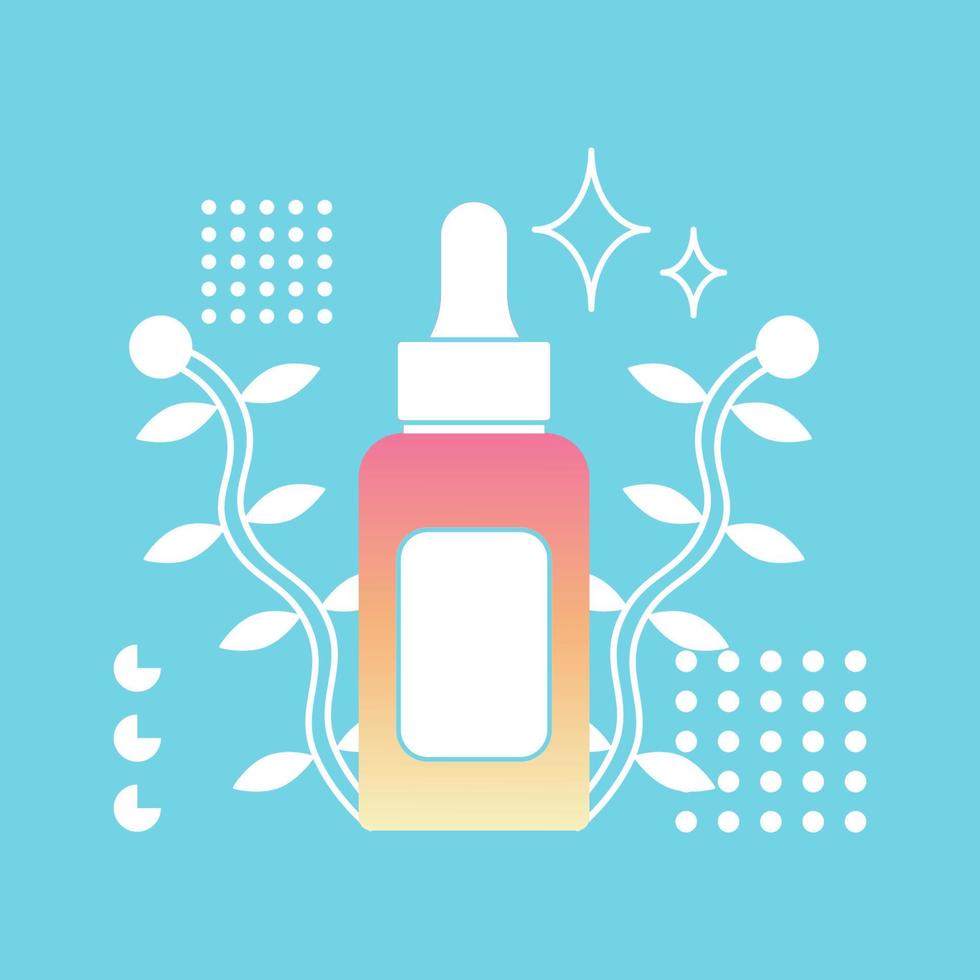 Cosmetic bottle with serum on a blue background with leaves and geometric elements. Gradient on the appearance of the product skin care, hair. Flat style vector