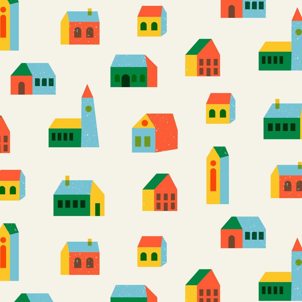 Pattern with small houses in the primary colors. Colorful buildings with vintage style windows. Vector flat illustration.