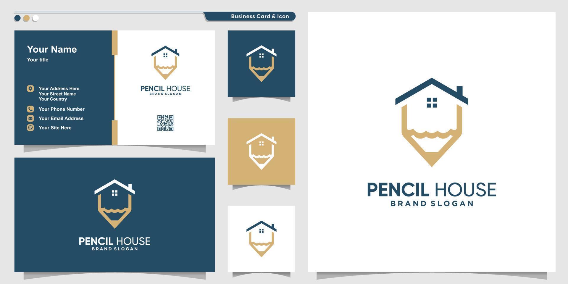 Pencil house logo template with creative concept and business card design Premium Vector