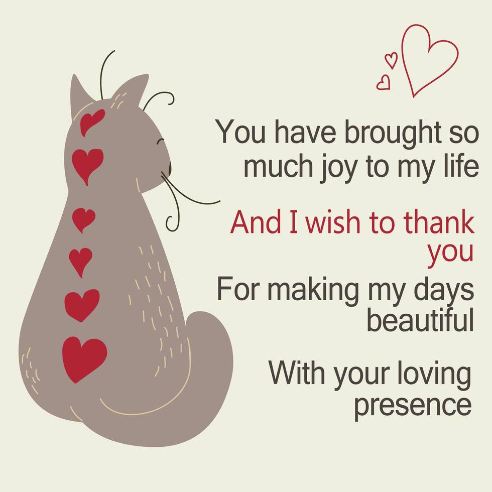 Cat with hearts on his back. The cat sits on his back. Congratulations to those in love. Pastel colors. Vector card, banner, poster, flyer.