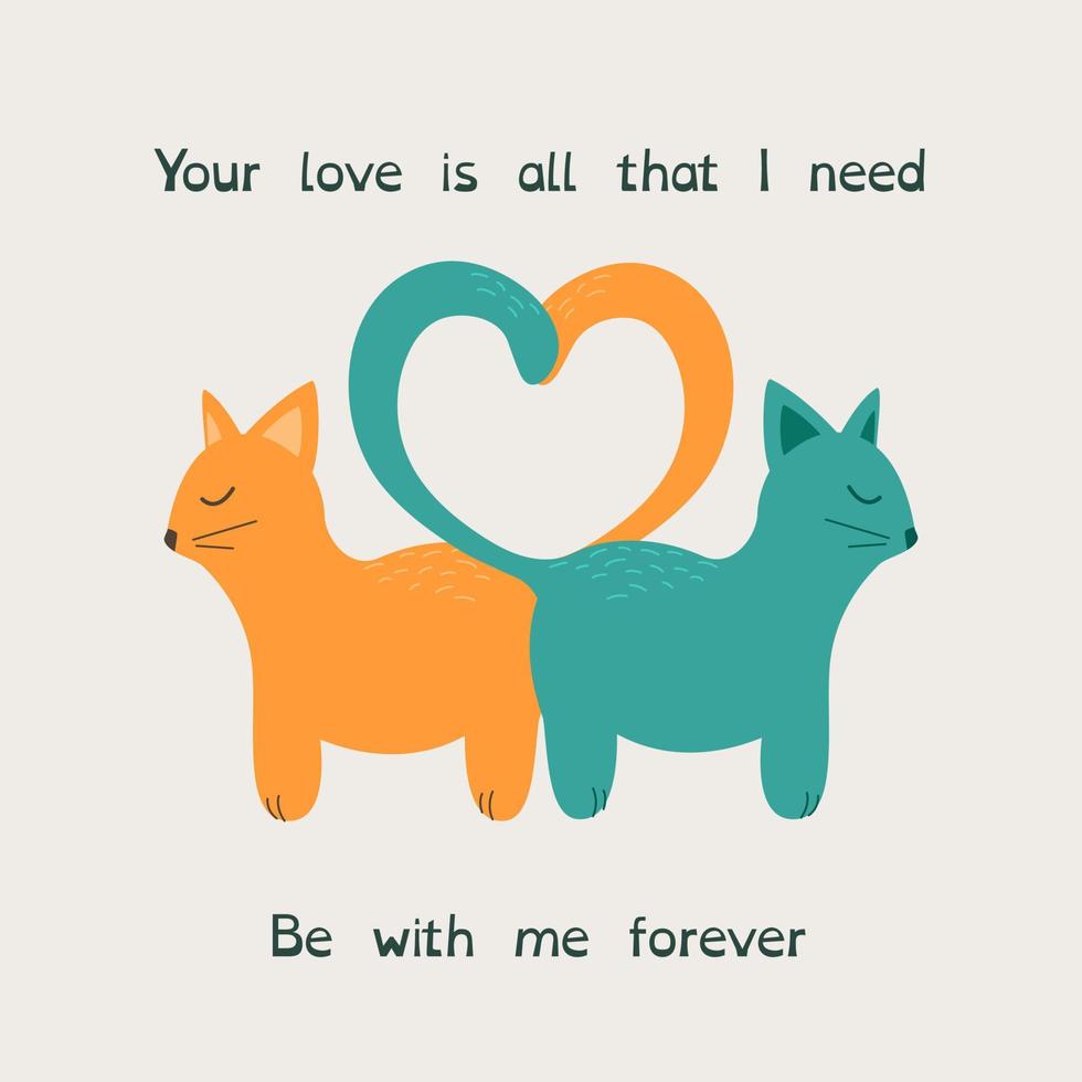 Vector postcard with two cats standing next to each other. Two tails in the shape of a heart. A wish for lovers. Banner, poster, flyer.