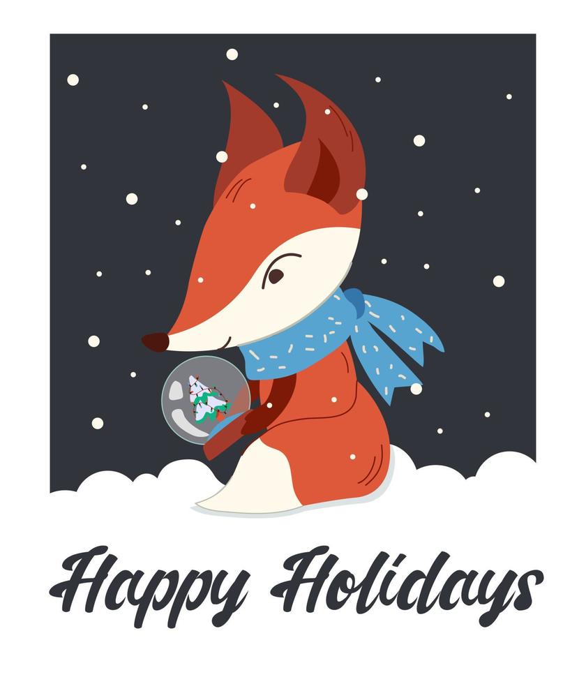 Vector postcard with a fox with a snow globe. Greeting card with an inscription Happy Holidays