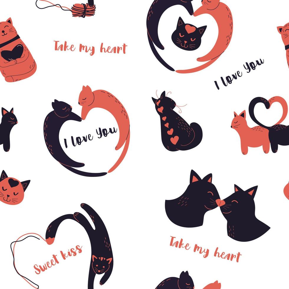 Seamless pattern with cats in love. Cats in the shape of a heart. Wishes for love. Vector textile pattern.