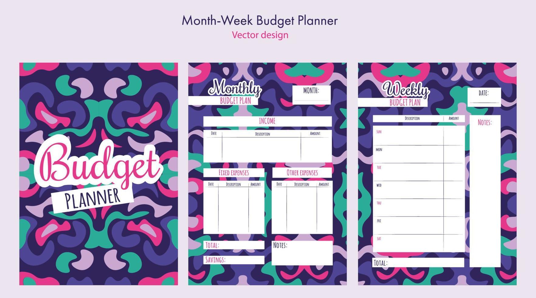 Monthly and weekly budget planner. Finance planner template with abstract details. Vector illustration
