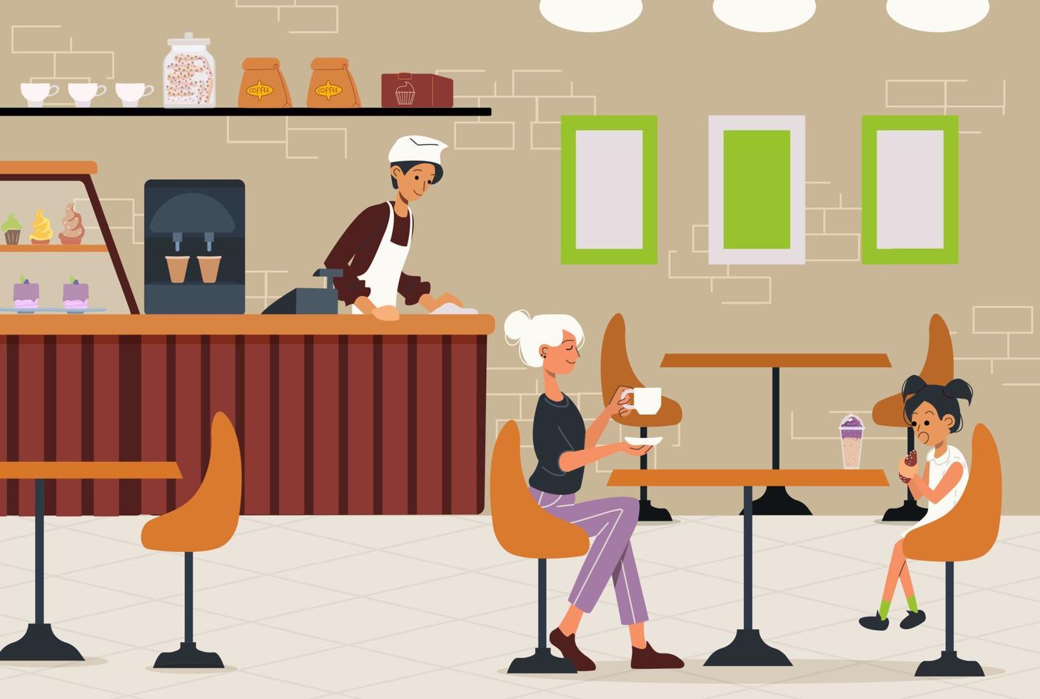 ilustración plana de un café. clientes sentados en una mesa, barista limpiando el mostrador. vector