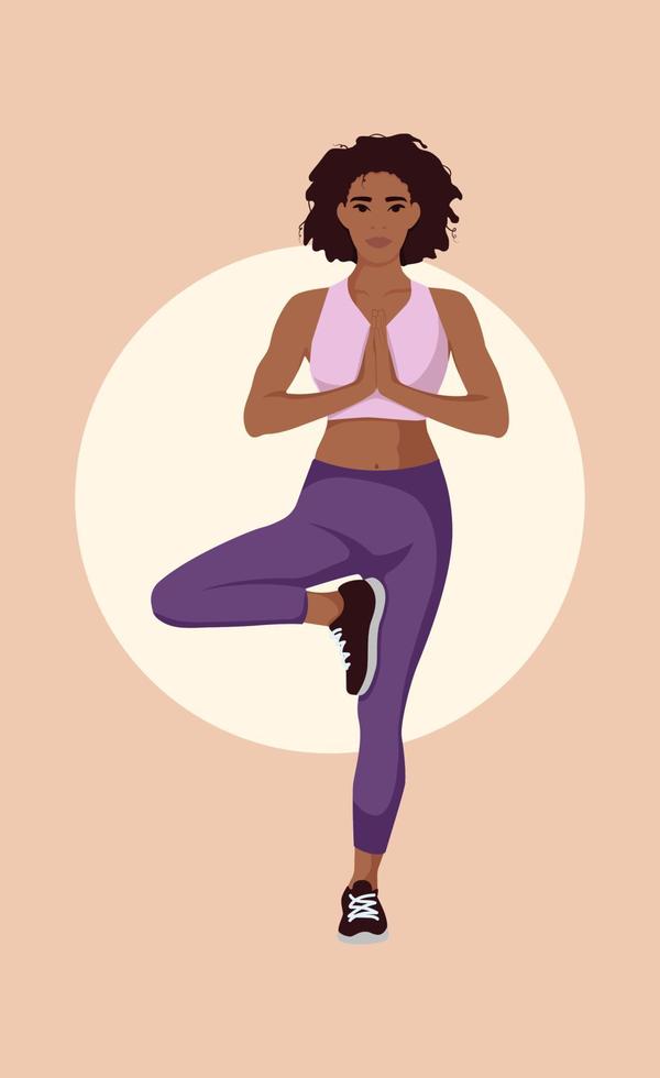 cartel con una imagen de una mujer africana en una pose de yoga vector