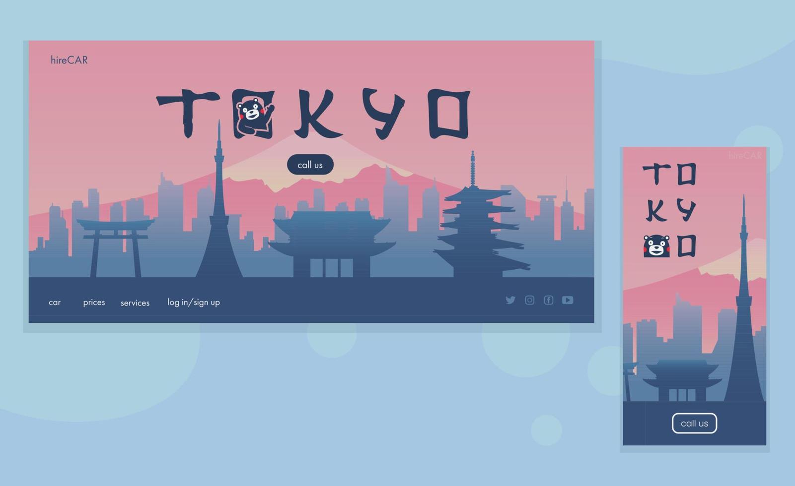 Landmarks of Tokyo landing page. Tourism vector