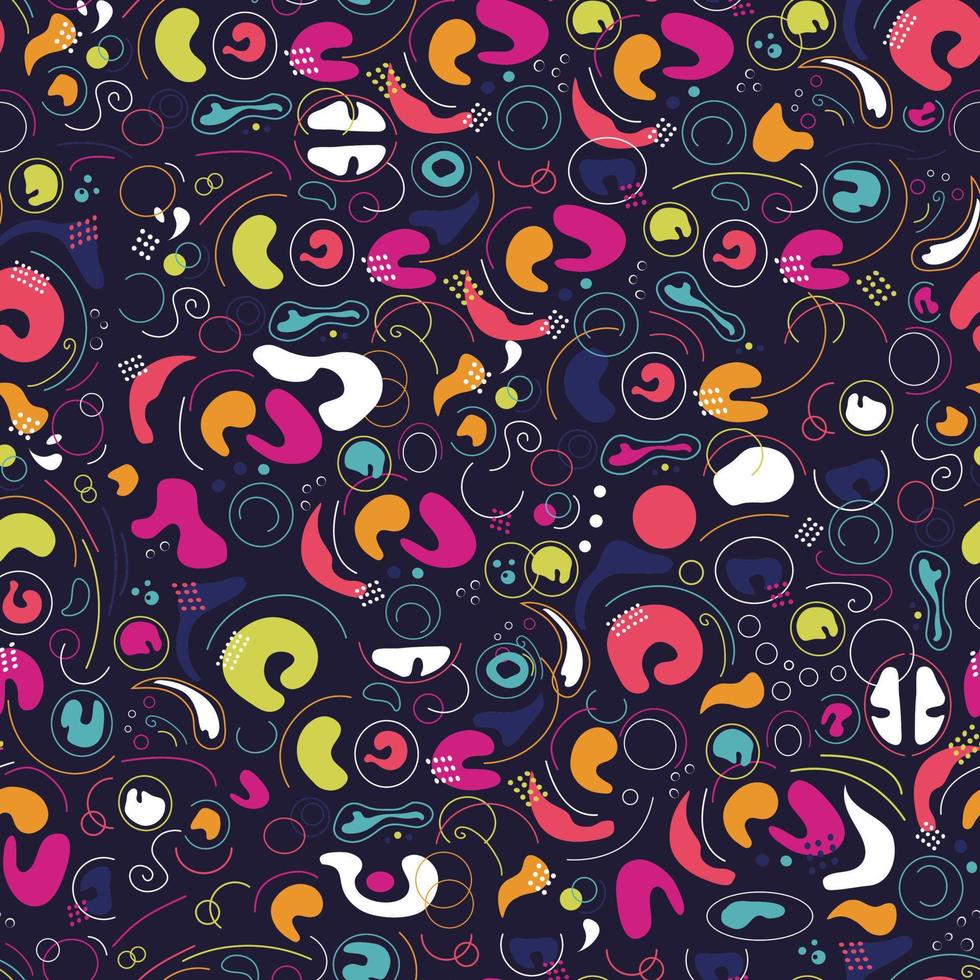 Vector abstract pattern with colored elements. Textile background with circles, drops, lines, deformed shapes on black background