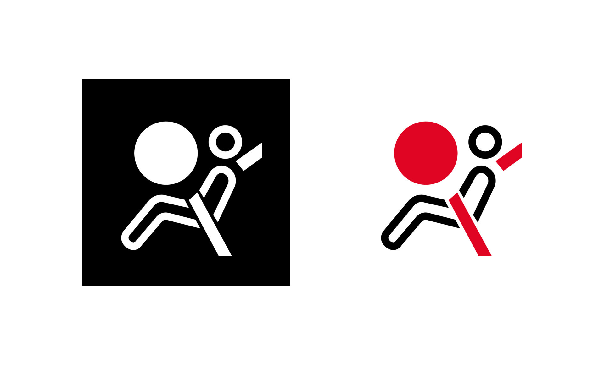 Car front airbag sign icon. Car open airbag system icon. Silhouette and