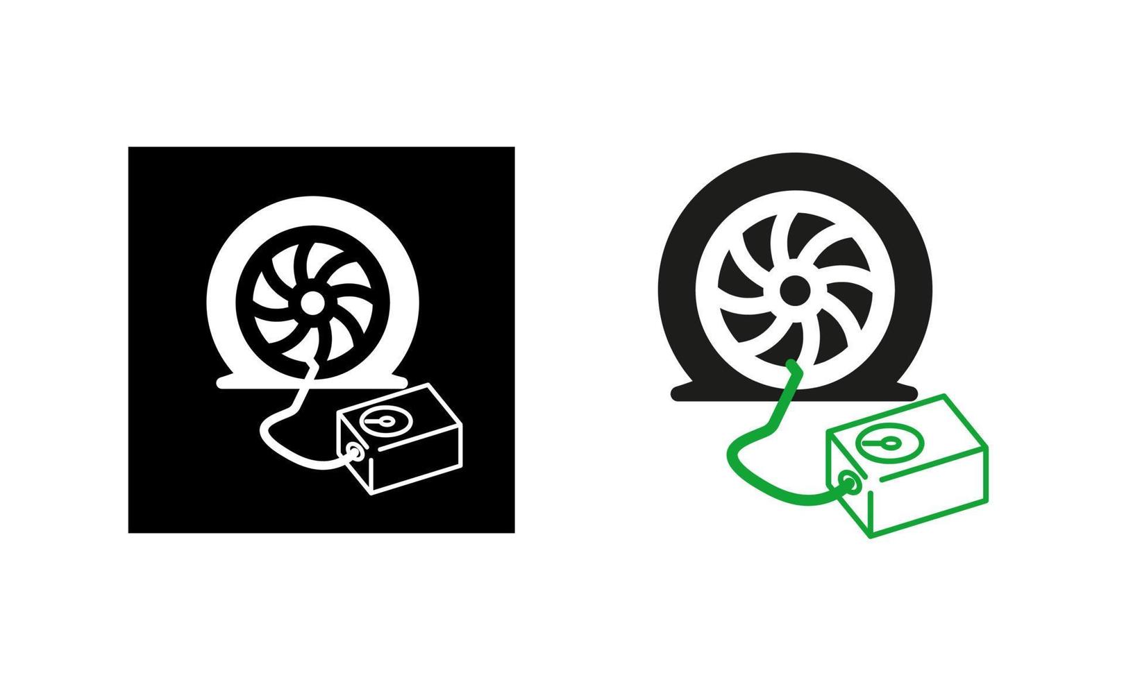 Car tire inflator pump icon. Exploding tire icon. Silhouette and linear original logo. Simple outline style sign icon. Vector illustration isolated on white background. EPS 10