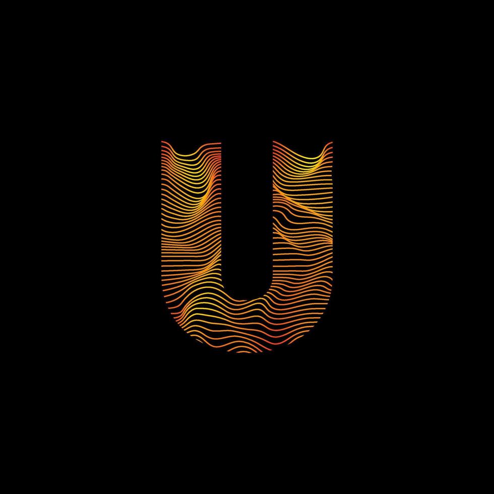 U letter wavy line. U letter with motion wave. Alphabet logo with colorful twisted lines. Creative vector illustration with zebra, sea, print and wavy pattern lines.