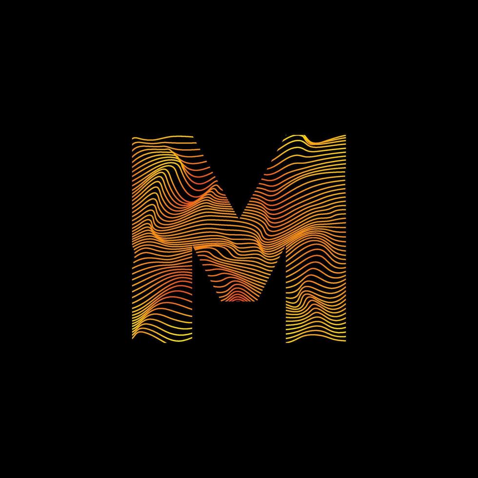 M letter wavy line. M letter with motion wave. Alphabet logo with colorful twisted lines. Creative vector illustration with zebra, sea, print and wavy pattern lines.