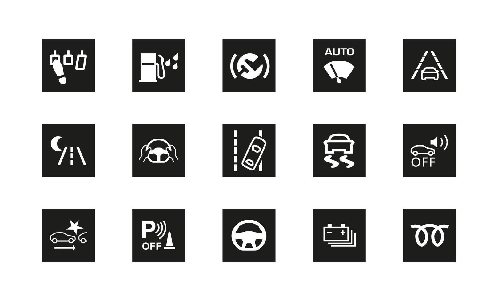 conjunto de 15 iconos de advertencia relacionados con el automóvil. silueta y logo original lineal. símbolo de signo de estilo de esquema simple. ilustración vectorial aislado sobre fondo blanco. eps 10. vector
