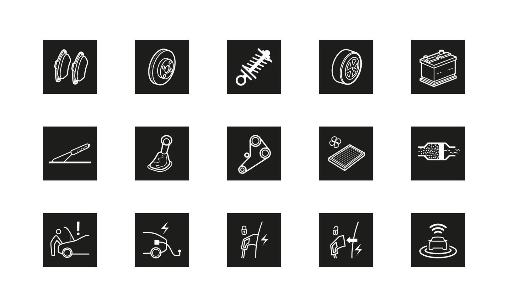 Set of 15 auto parts related repair icons. Car parts set like brake, belt battery, gear, repair, suspension. Silhouette and linear original logo. Simple outline style sign icon. vector