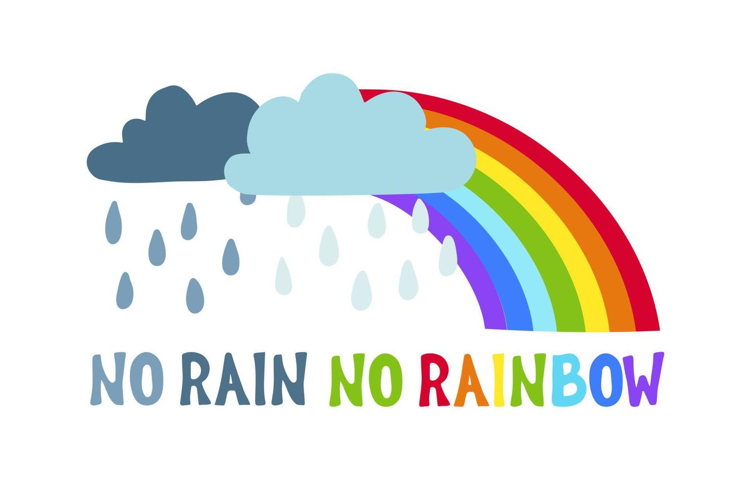 No Rain No Rainbow Quote Lettering with clouds and raindrops. Hand drawn vector Inscription illustration. Designed for t-shirt, eco bag, poster, home design, decoration