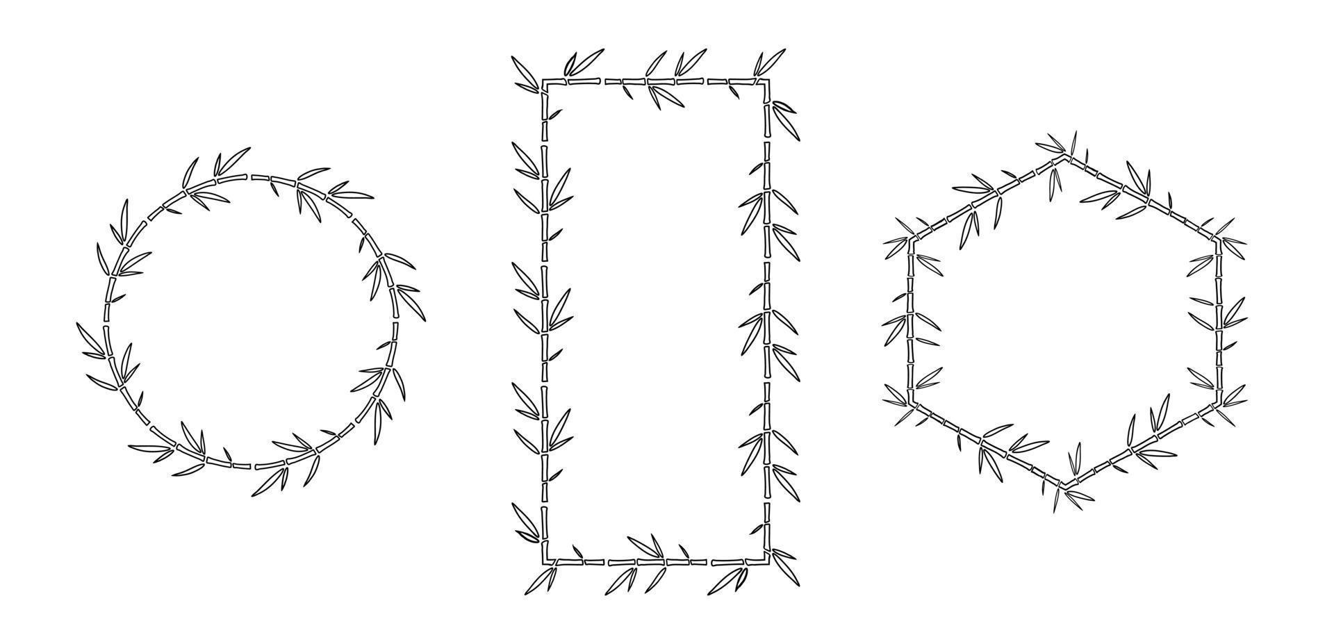 Bamboo Frames with Leaves doodle set. Outline Vector illustration