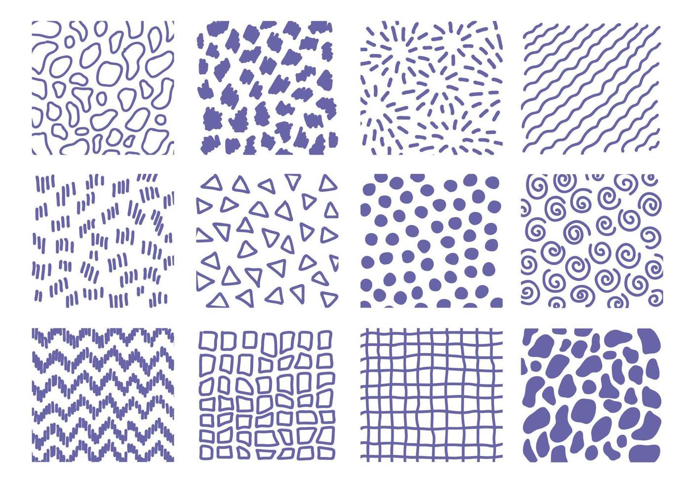 Set of hand drawn doodle sketch texture elements. Trendy colors tileable textures, very peri color of 2022 vector