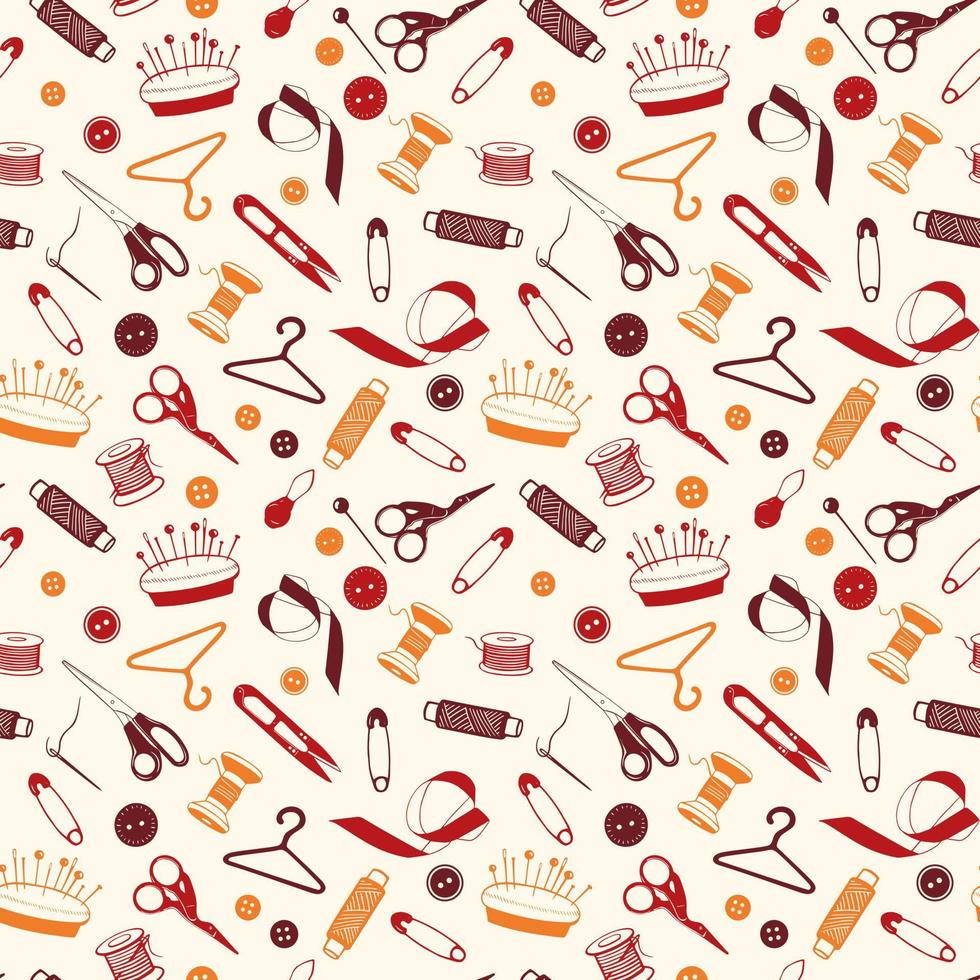 Sewing Tools Seamless Pattern, hand drawn elements. Tailoring accessories - threads, scissors, needles, pins, buttons. Vector background for seamstress, atelier, fashion design