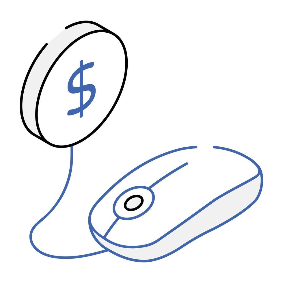 Coin with mouse icon in outline isometric style vector