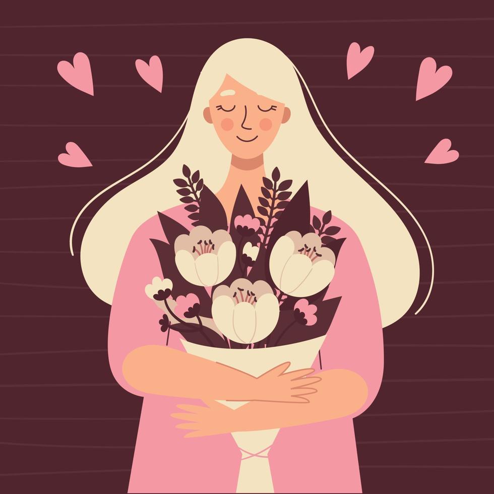 Beautiful blonde woman with a bouquet of flowers. International women's day, birthday card, mother's day. Illustration in flat style vector