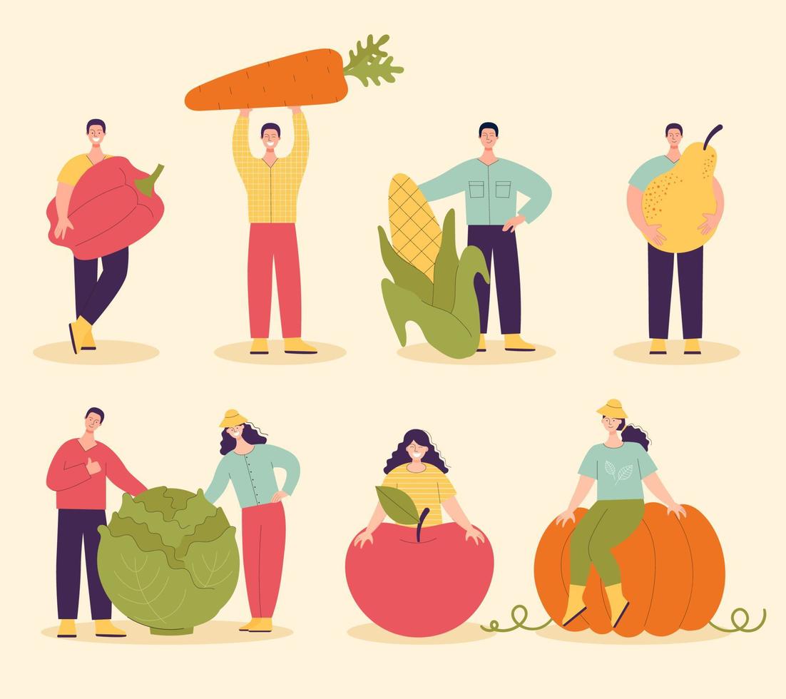 un grupo de personas con verduras y frutas grandes. concepto de cosecha, vegetarianismo, alimentos saludables, productos agrícolas, vitaminas. vector