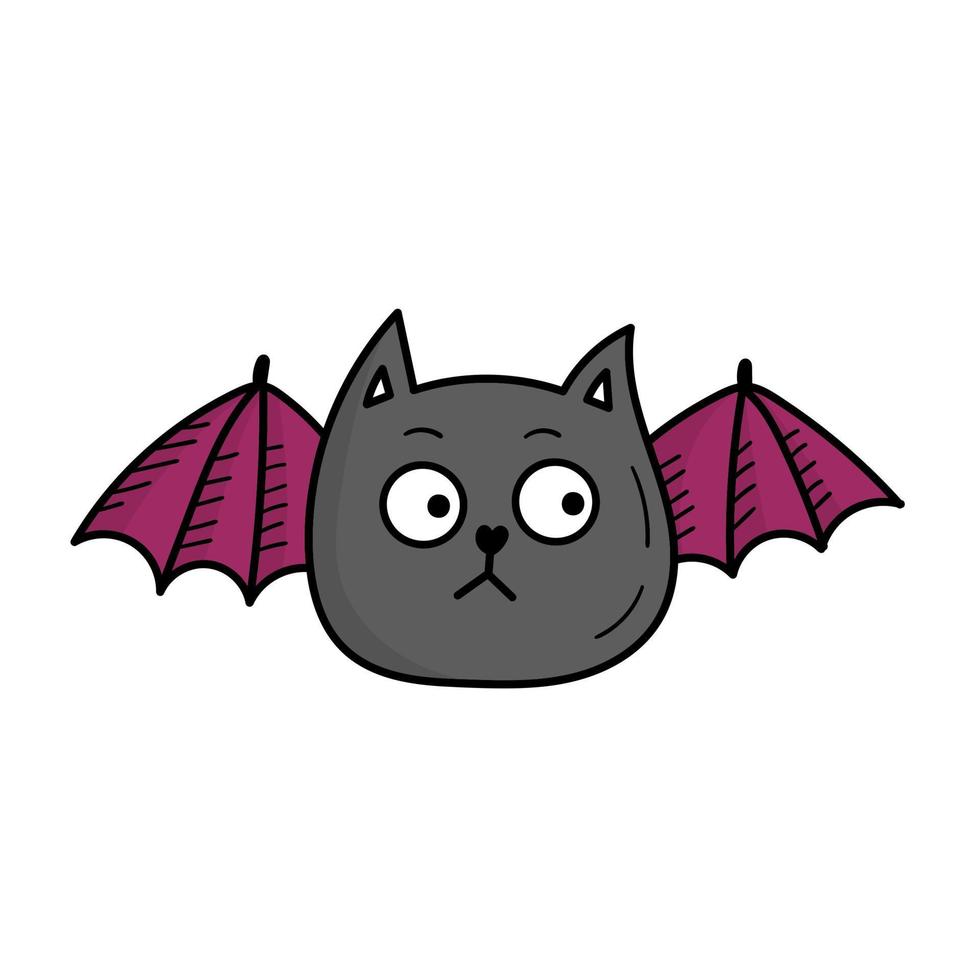 Cute bat cat. Funny animal decor for Halloween. Doodle style illustration vector