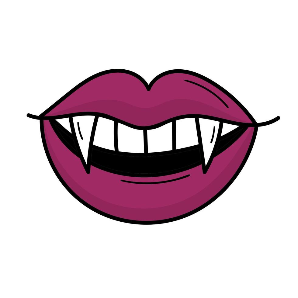 A vampire's mouth with sharp fangs. Purple lips. Doodle style illustration vector