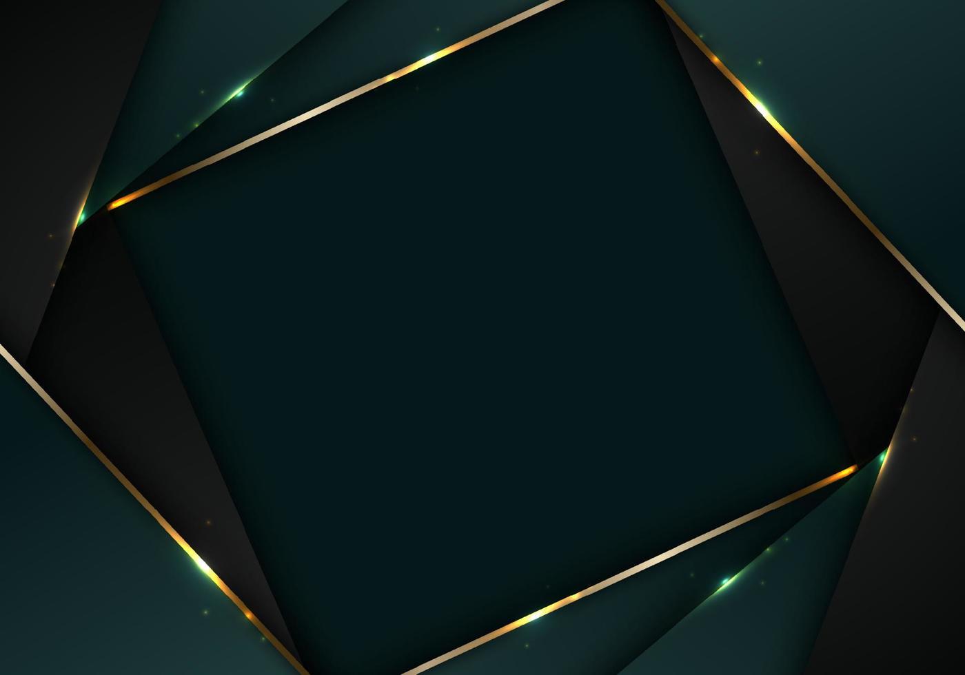 Banner web elegant 3D abstract green and black stripes shapes with lighting shiny golden diagonal lines on dark background vector