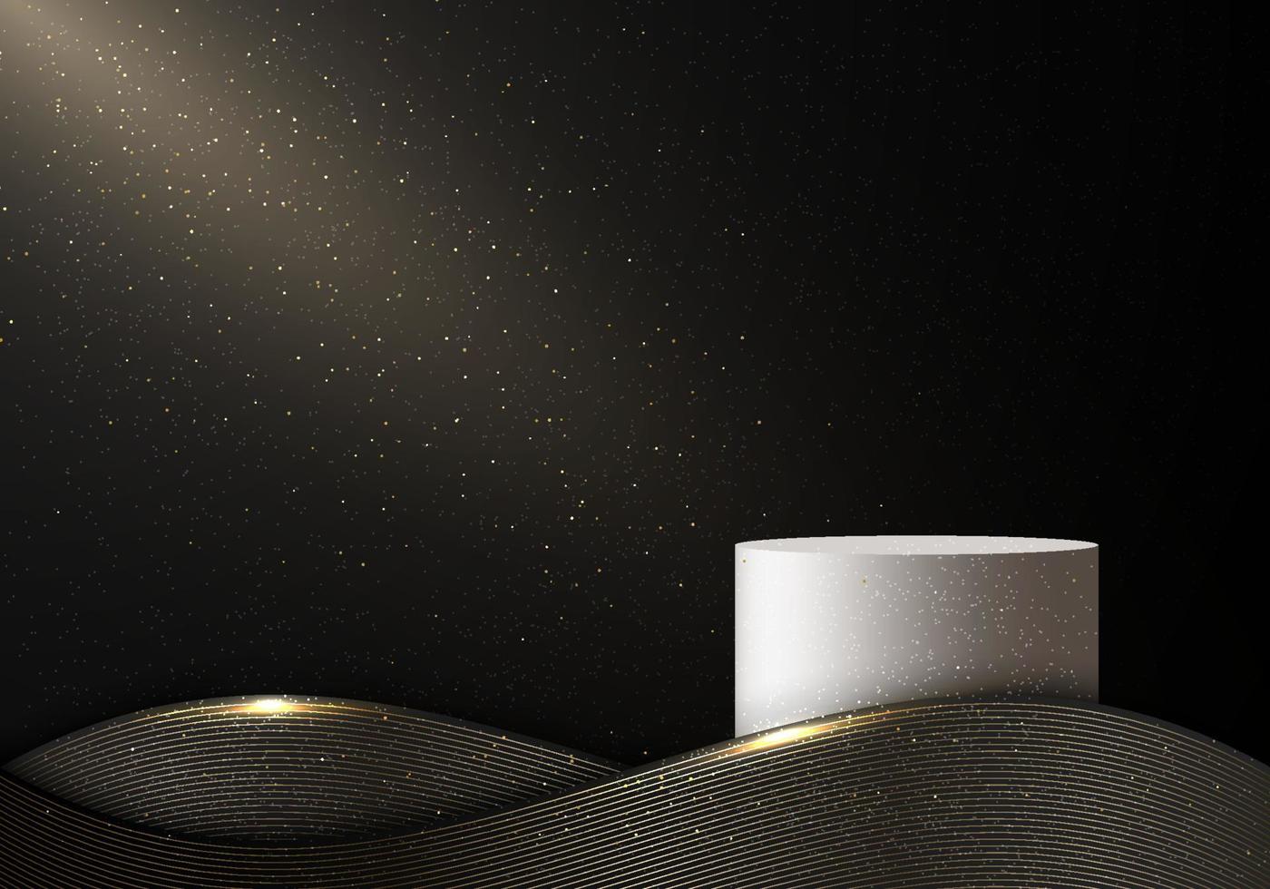 Abstract elegant 3D white cylinder podium with black and gold wave