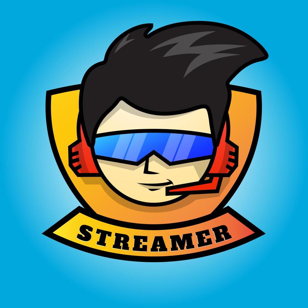 diseño de mascota streamer, niño con anteojos grandes y auriculares, ilustración vectorial, mejor utilizado para el equipo de deportes, impresión lista para pancarta o volante, forma simple y elegante vector