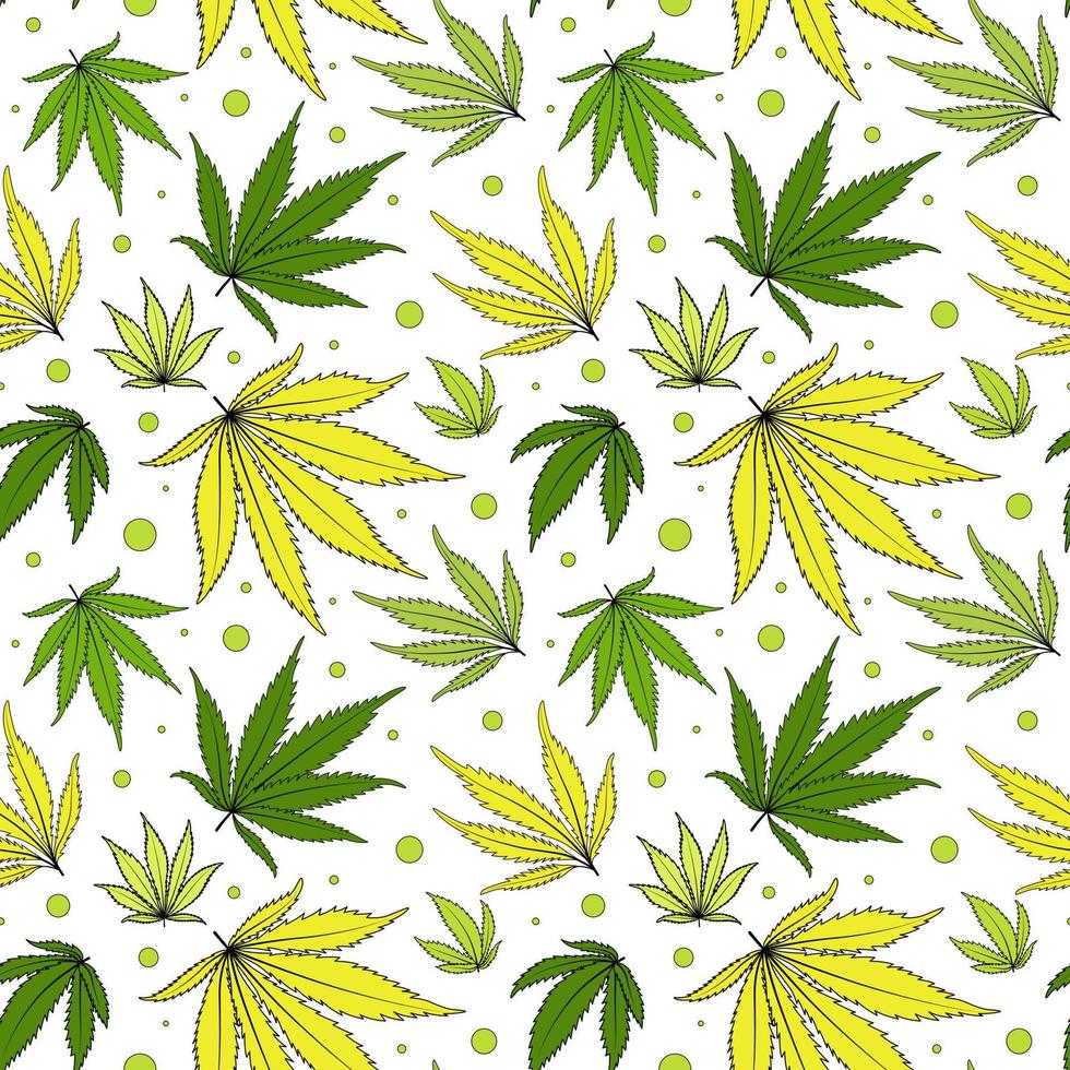 el cannabis deja un patrón sin costuras vectorial. papel digital de hierba verde sobre un fondo transparente. vector