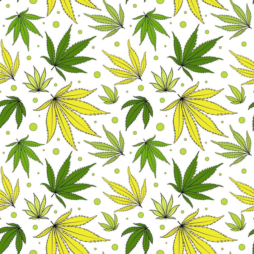 Cannabis leaves vector seamless pattern. Green weed digital paper on a transparent background.