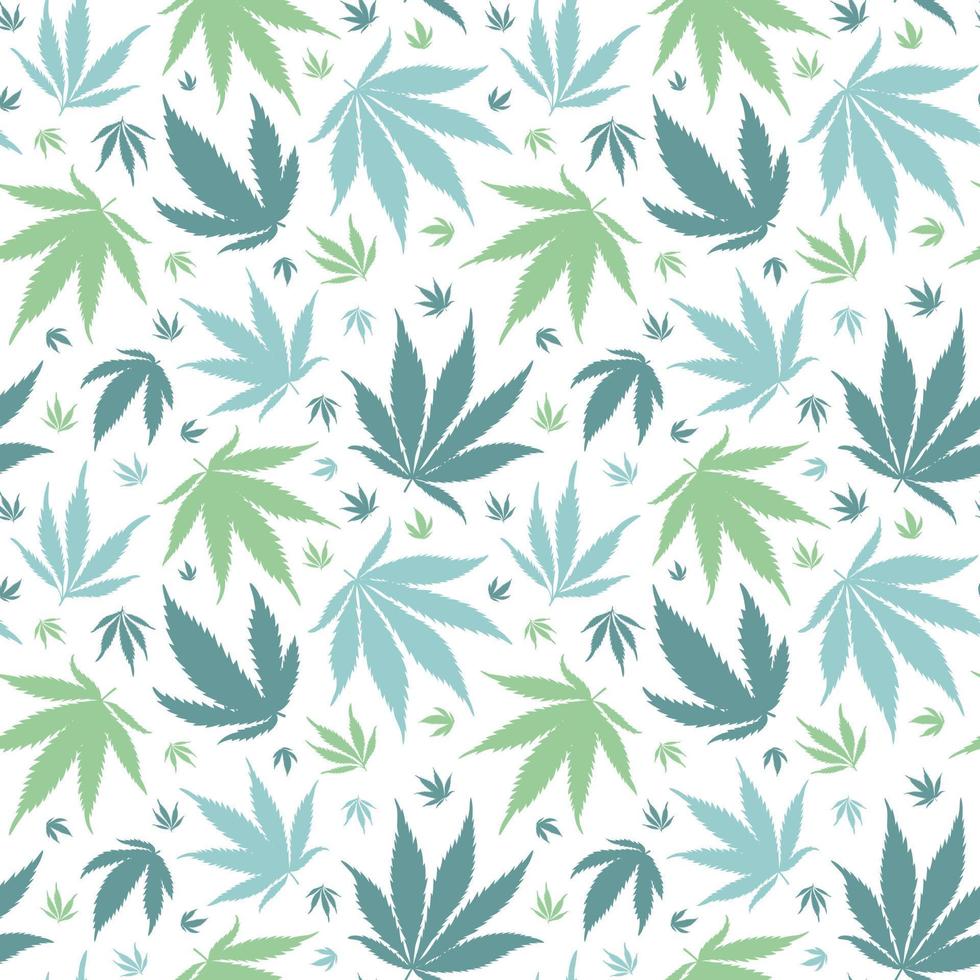 vector de fondo de marihuana. patrón sin costuras de silueta de cannabis. hojas de hierba verde y azul sobre un fondo transparente