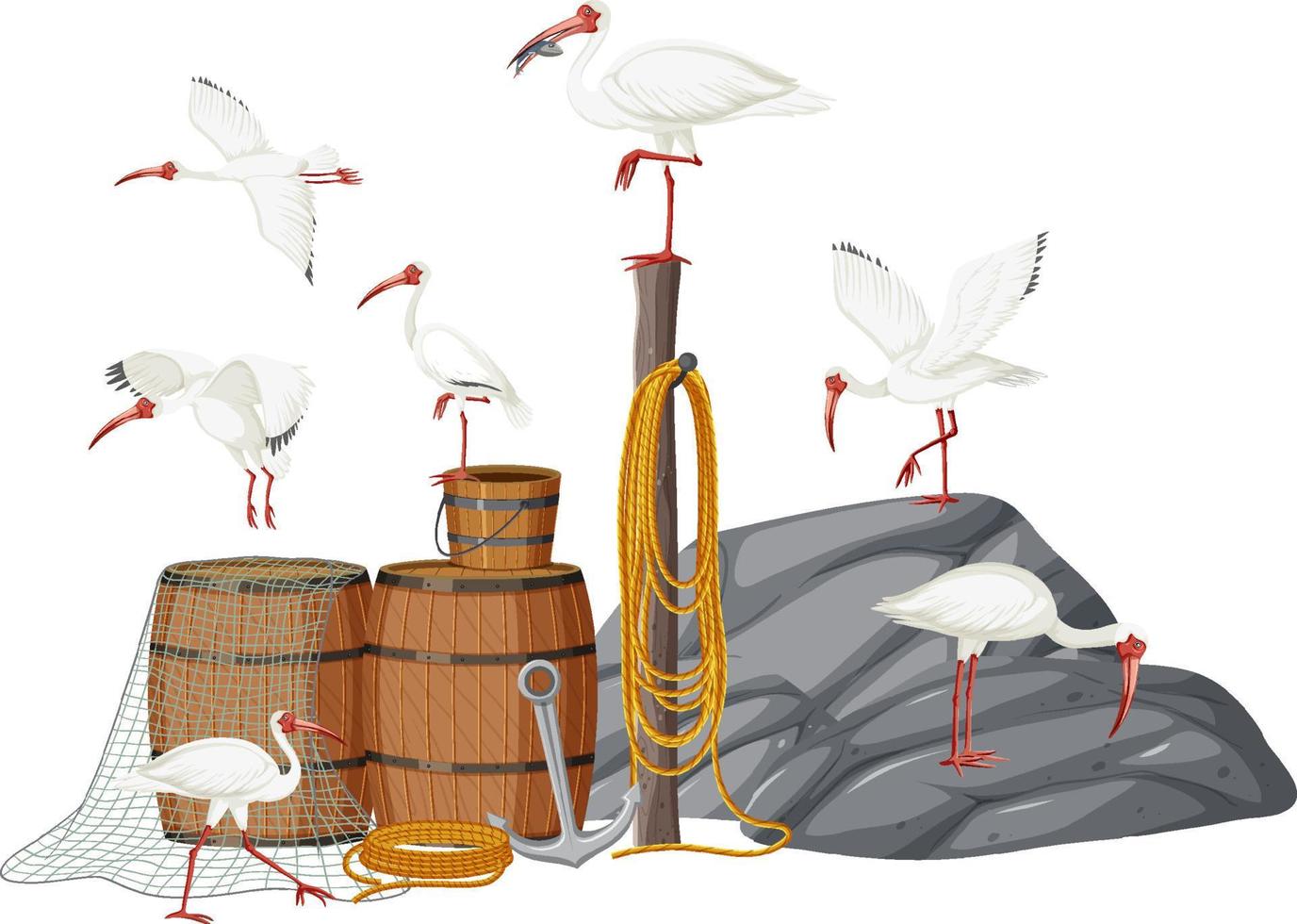 grupo de ibis blancos americanos con objetos de pesca vector