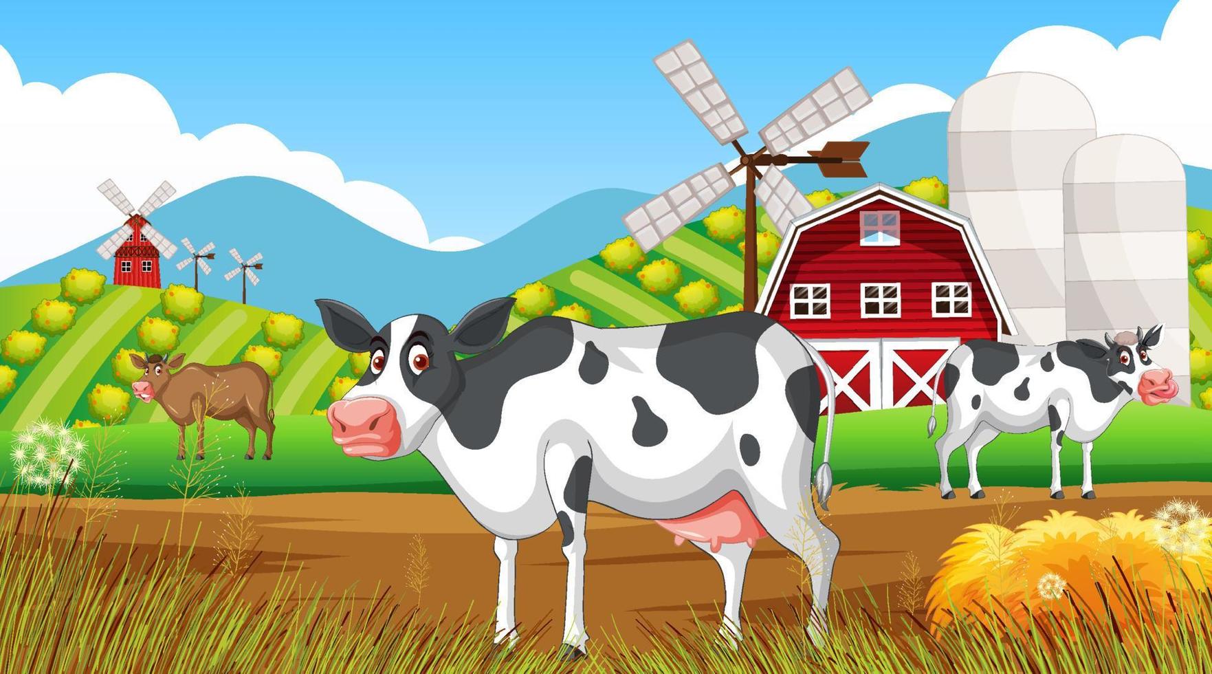 Outdoor cow farm scene with happy animals cartoon 7623037 Vector Art at  Vecteezy