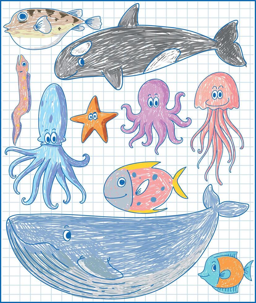 niños dibujados a mano doodle animales marinos vector