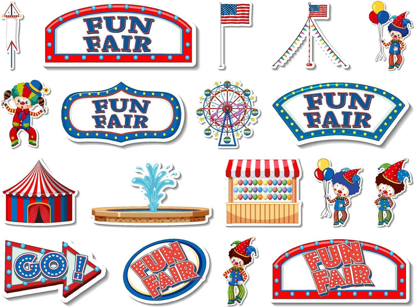 Sticker set of amusement park and fun fair objects vector