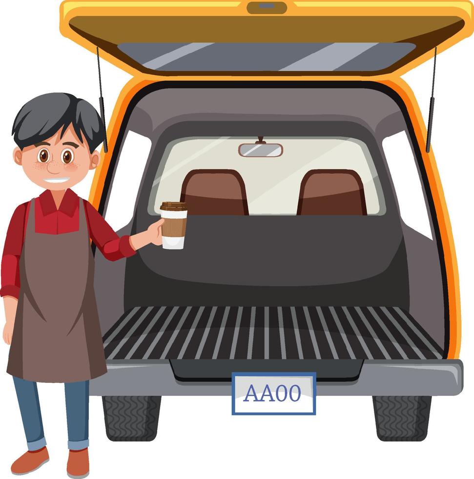Man with coffee cup in the back of van vector