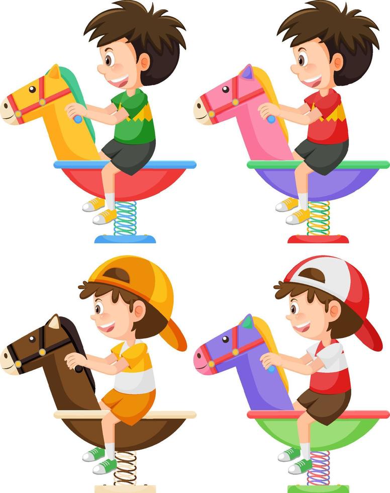 Set of kids riding on different spring rocking horses vector